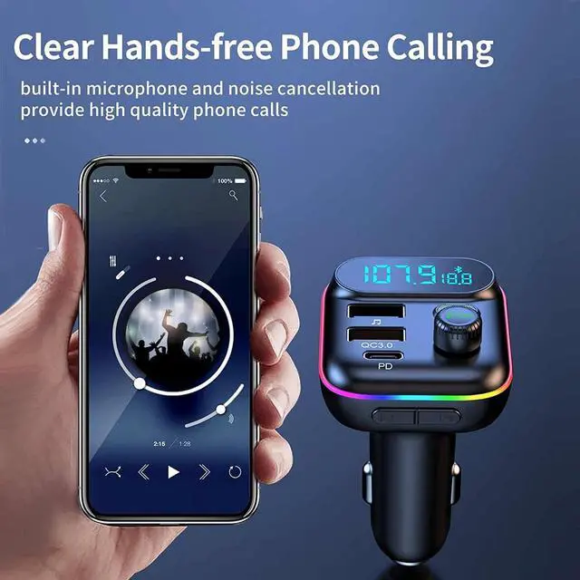 Alt view image 3 of 7 - Bluetooth Adapter for Car, Wireless FM Radio Transmitter, Wireless Bluetooth 5.0, MP3 Music Player, QC3.0 + PD 20W USB Car Charger, 7 Colors LED Backlit