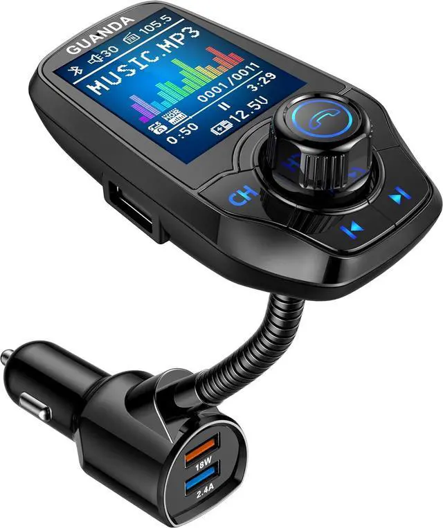 Main image of Upgraded Bluetooth FM Transmitter for Car, Wireless Radio Adapter Kit W 1.8" Color Display Hands-Free Call AUX in/Out SD/TF Card USB Fast Charge 18W for All Smartphones Audio Players - Black