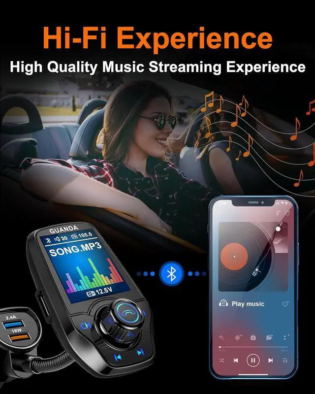 Alt view image 2 of 7 - Upgraded Bluetooth FM Transmitter for Car, Wireless Radio Adapter Kit W 1.8" Color Display Hands-Free Call AUX in/Out SD/TF Card USB Fast Charge 18W for All Smartphones Audio Players - Black