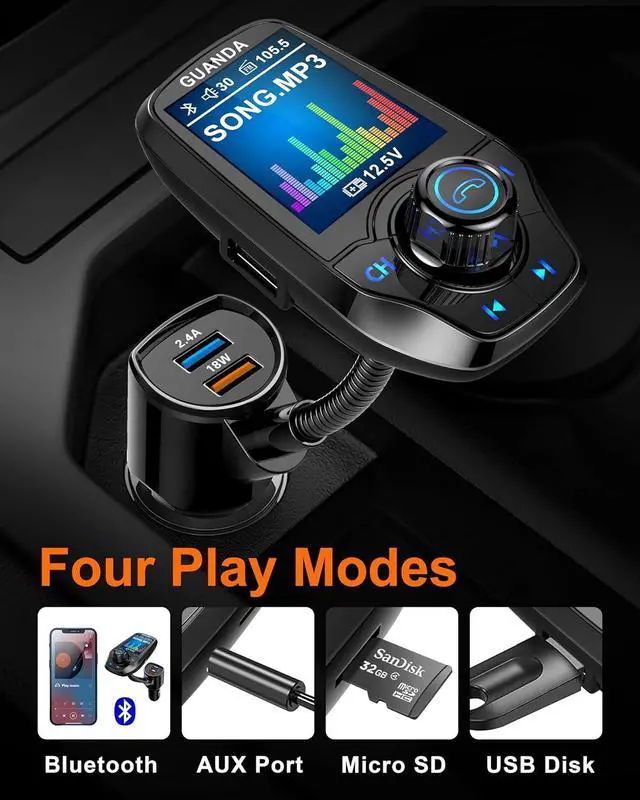 Alt view image 3 of 7 - Upgraded Bluetooth FM Transmitter for Car, Wireless Radio Adapter Kit W 1.8" Color Display Hands-Free Call AUX in/Out SD/TF Card USB Fast Charge 18W for All Smartphones Audio Players - Black