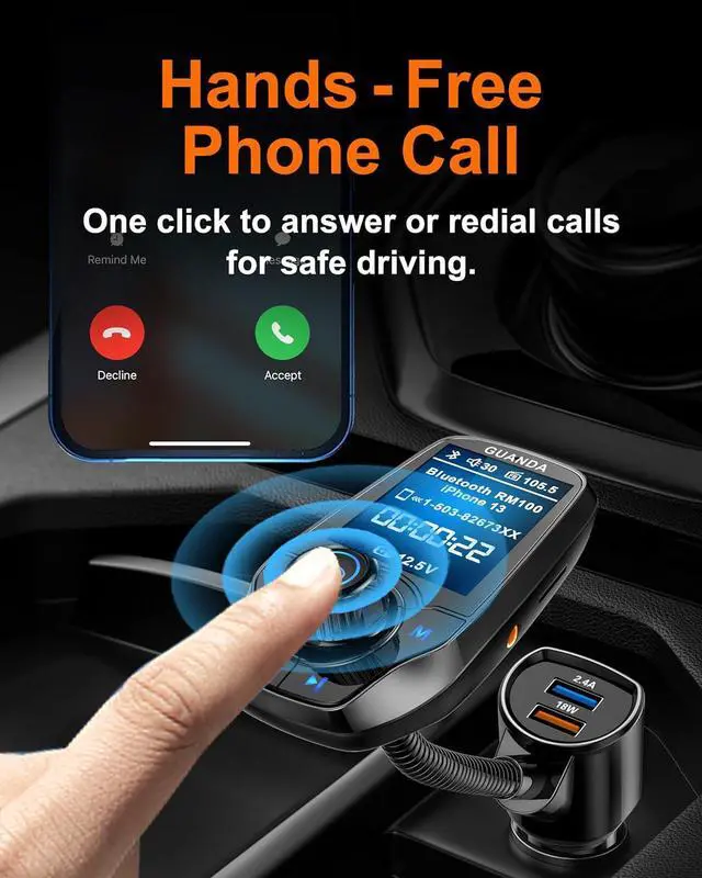 Alt view image 6 of 7 - Upgraded Bluetooth FM Transmitter for Car, Wireless Radio Adapter Kit W 1.8" Color Display Hands-Free Call AUX in/Out SD/TF Card USB Fast Charge 18W for All Smartphones Audio Players - Black