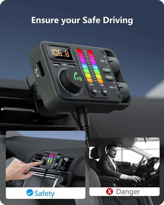 Alt view image 3 of 7 - LENCENT Bluetooth Car Adapter, Bluetooth 5.3 FM Radio Transmitter | Hi-Fi Treble & Bass Music Player, PD20W and QC18W Fast Charger, Dual Mics for Hands-Free Call, U Disk/3.5mm AUX