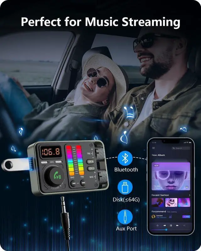 Alt view image 5 of 7 - LENCENT Bluetooth Car Adapter, Bluetooth 5.3 FM Radio Transmitter | Hi-Fi Treble & Bass Music Player, PD20W and QC18W Fast Charger, Dual Mics for Hands-Free Call, U Disk/3.5mm AUX