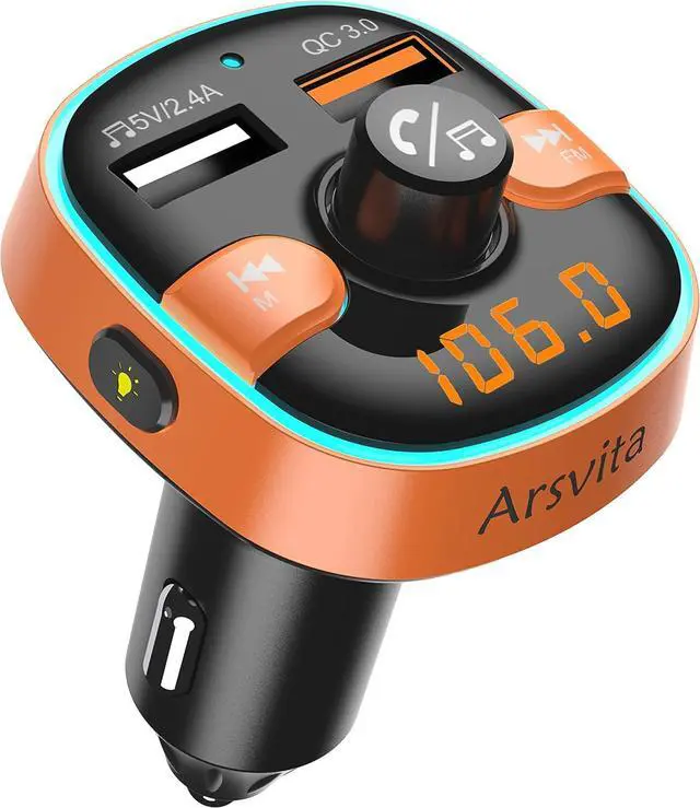 Main image of Upgraded Arsvita Bluetooth FM Transmitter for Car, Radio Receiver/Audio Adapter with Dual Car Charger, Support QC3.0 Quick Charging, Hands-Free Calling and Hi-Fi Sound Playback, Orange