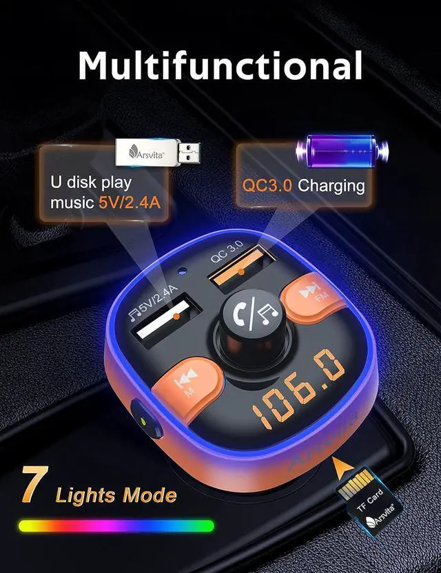 Alt view image 2 of 6 - Upgraded Arsvita Bluetooth FM Transmitter for Car, Radio Receiver/Audio Adapter with Dual Car Charger, Support QC3.0 Quick Charging, Hands-Free Calling and Hi-Fi Sound Playback, Orange