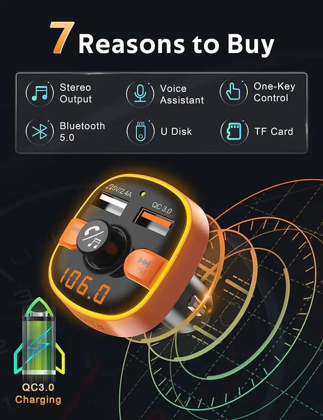 Alt view image 3 of 6 - Upgraded Arsvita Bluetooth FM Transmitter for Car, Radio Receiver/Audio Adapter with Dual Car Charger, Support QC3.0 Quick Charging, Hands-Free Calling and Hi-Fi Sound Playback, Orange