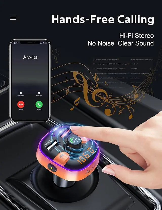 Alt view image 5 of 6 - Upgraded Arsvita Bluetooth FM Transmitter for Car, Radio Receiver/Audio Adapter with Dual Car Charger, Support QC3.0 Quick Charging, Hands-Free Calling and Hi-Fi Sound Playback, Orange