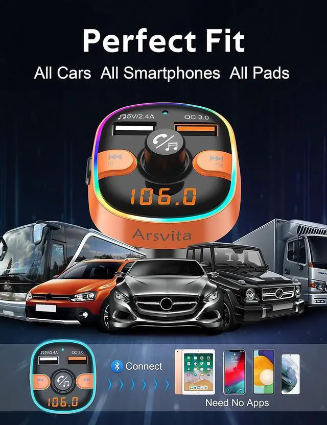 Alt view image 6 of 6 - Upgraded Arsvita Bluetooth FM Transmitter for Car, Radio Receiver/Audio Adapter with Dual Car Charger, Support QC3.0 Quick Charging, Hands-Free Calling and Hi-Fi Sound Playback, Orange