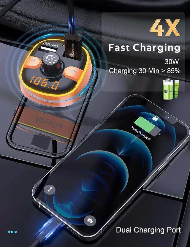 Alt view image 4 of 6 - Upgraded Arsvita Bluetooth FM Transmitter for Car, Radio Receiver/Audio Adapter with Dual Car Charger, Support QC3.0 Quick Charging, Hands-Free Calling and Hi-Fi Sound Playback, Orange