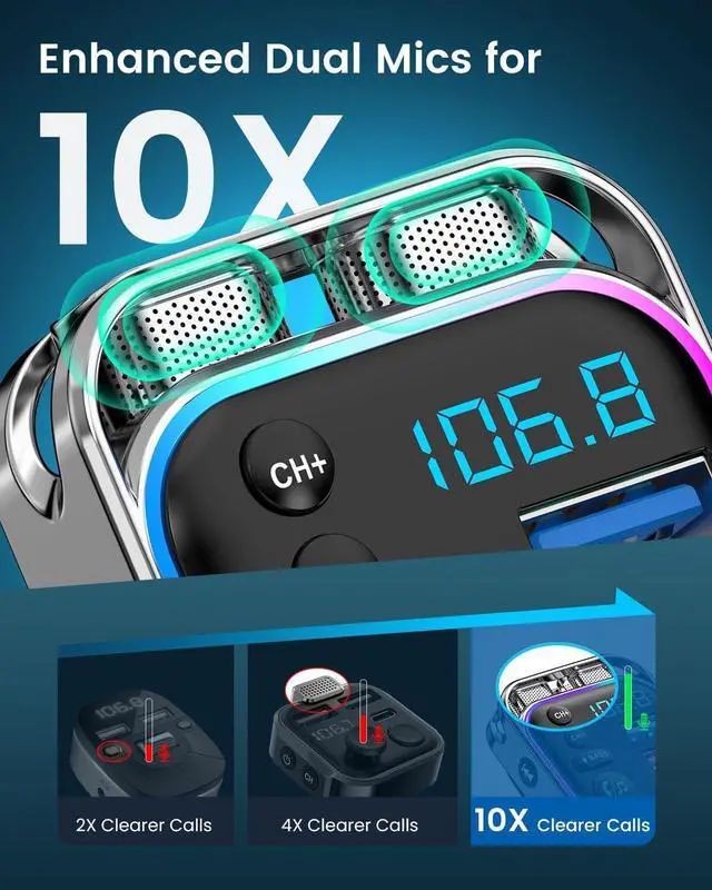 Alt view image 2 of 7 - Bluetooth 5.3 FM Transmitter Car Adapter 48W (PD30W & QC18W) Fast Charger Light Switch HiFi Bass Sound Audio Receiver Wireless Radio MP3 Music Player Hands-Free Calling Support USB Drive