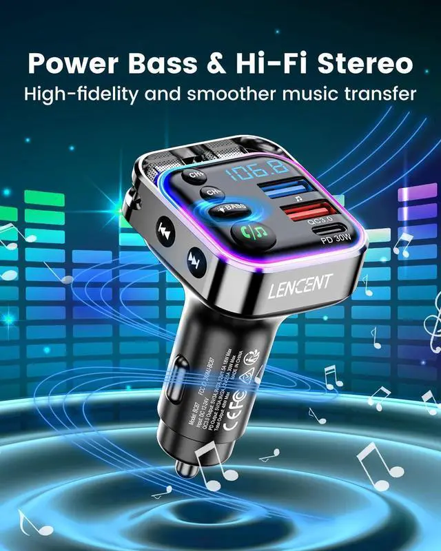 Alt view image 3 of 7 - Bluetooth 5.3 FM Transmitter Car Adapter 48W (PD30W & QC18W) Fast Charger Light Switch HiFi Bass Sound Audio Receiver Wireless Radio MP3 Music Player Hands-Free Calling Support USB Drive