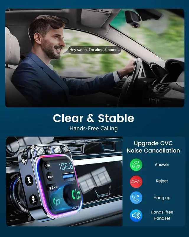 Alt view image 4 of 7 - Bluetooth 5.3 FM Transmitter Car Adapter 48W (PD30W & QC18W) Fast Charger Light Switch HiFi Bass Sound Audio Receiver Wireless Radio MP3 Music Player Hands-Free Calling Support USB Drive