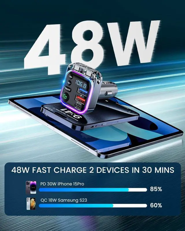 Alt view image 5 of 7 - Bluetooth 5.3 FM Transmitter Car Adapter 48W (PD30W & QC18W) Fast Charger Light Switch HiFi Bass Sound Audio Receiver Wireless Radio MP3 Music Player Hands-Free Calling Support USB Drive