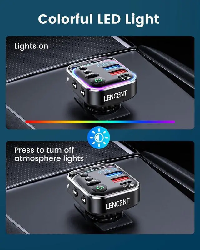 Alt view image 6 of 7 - Bluetooth 5.3 FM Transmitter Car Adapter 48W (PD30W & QC18W) Fast Charger Light Switch HiFi Bass Sound Audio Receiver Wireless Radio MP3 Music Player Hands-Free Calling Support USB Drive