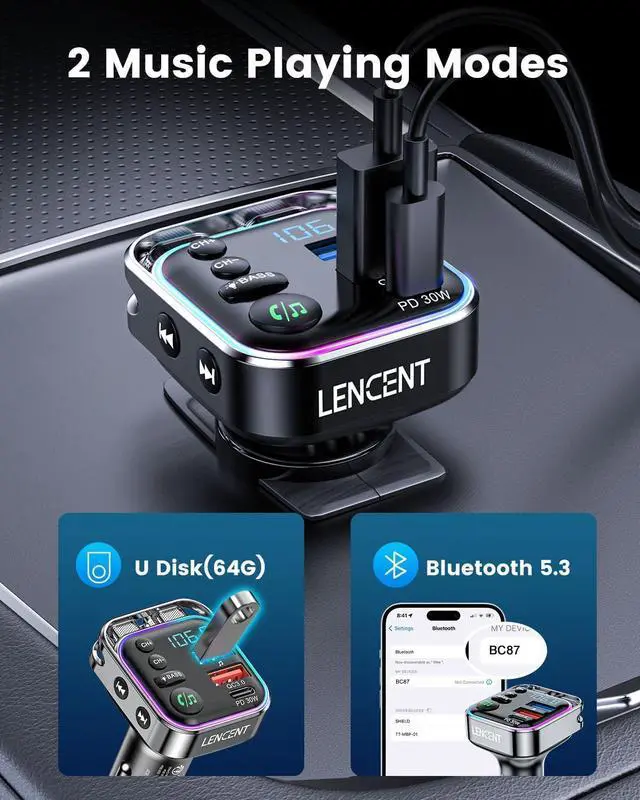 Alt view image 7 of 7 - Bluetooth 5.3 FM Transmitter Car Adapter 48W (PD30W & QC18W) Fast Charger Light Switch HiFi Bass Sound Audio Receiver Wireless Radio MP3 Music Player Hands-Free Calling Support USB Drive