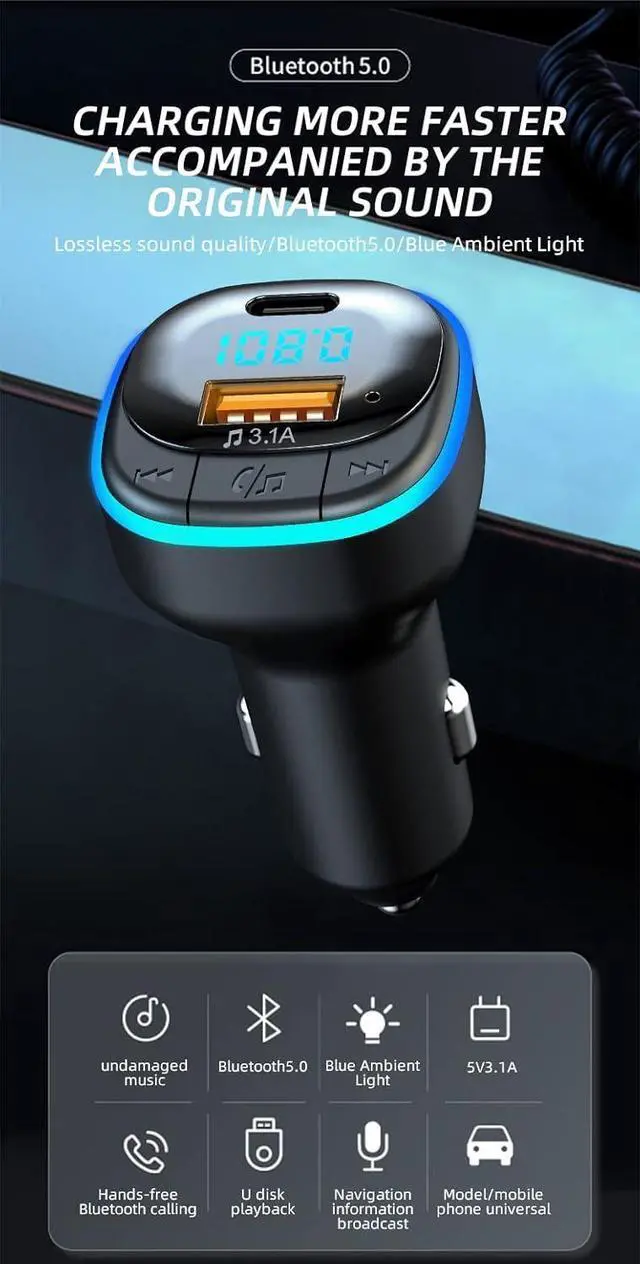 Alt view image 2 of 7 - Bluetooth 5.0 FM Transmitter for Car, Hands Free Calling, Built-in Over-Current Protection, 5V/3.1A Quick Charger & Blue Colors LED Backlit Car Radio Bluetooth Adapter, Support USB Disk