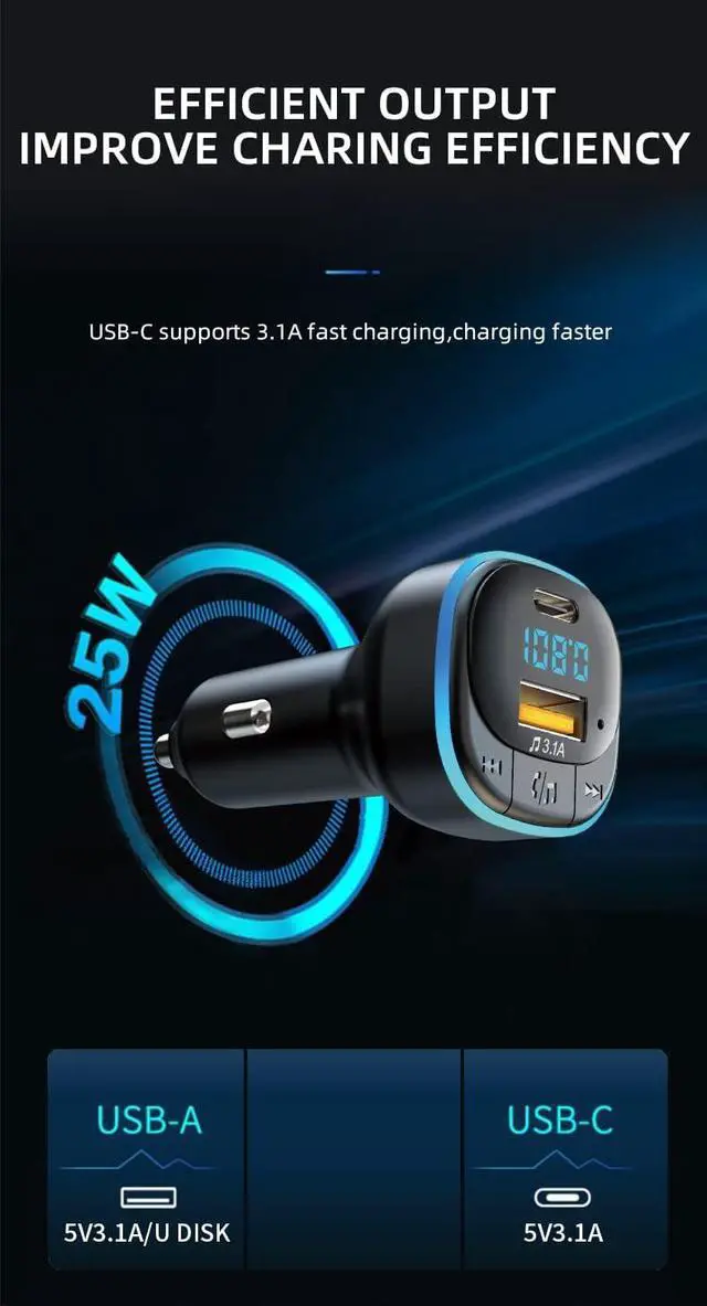 Alt view image 3 of 7 - Bluetooth 5.0 FM Transmitter for Car, Hands Free Calling, Built-in Over-Current Protection, 5V/3.1A Quick Charger & Blue Colors LED Backlit Car Radio Bluetooth Adapter, Support USB Disk