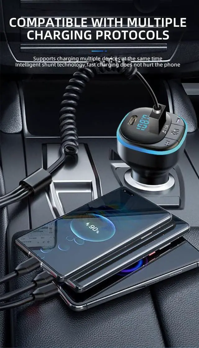 Alt view image 4 of 7 - Bluetooth 5.0 FM Transmitter for Car, Hands Free Calling, Built-in Over-Current Protection, 5V/3.1A Quick Charger & Blue Colors LED Backlit Car Radio Bluetooth Adapter, Support USB Disk