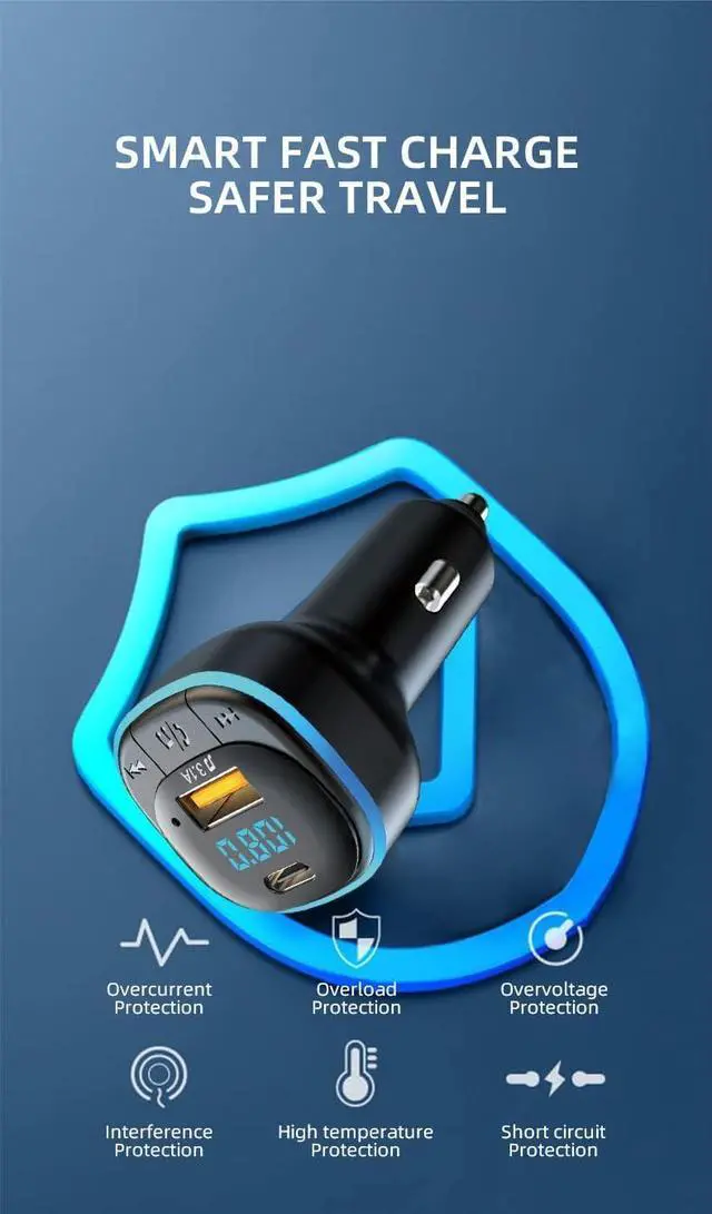 Alt view image 5 of 7 - Bluetooth 5.0 FM Transmitter for Car, Hands Free Calling, Built-in Over-Current Protection, 5V/3.1A Quick Charger & Blue Colors LED Backlit Car Radio Bluetooth Adapter, Support USB Disk