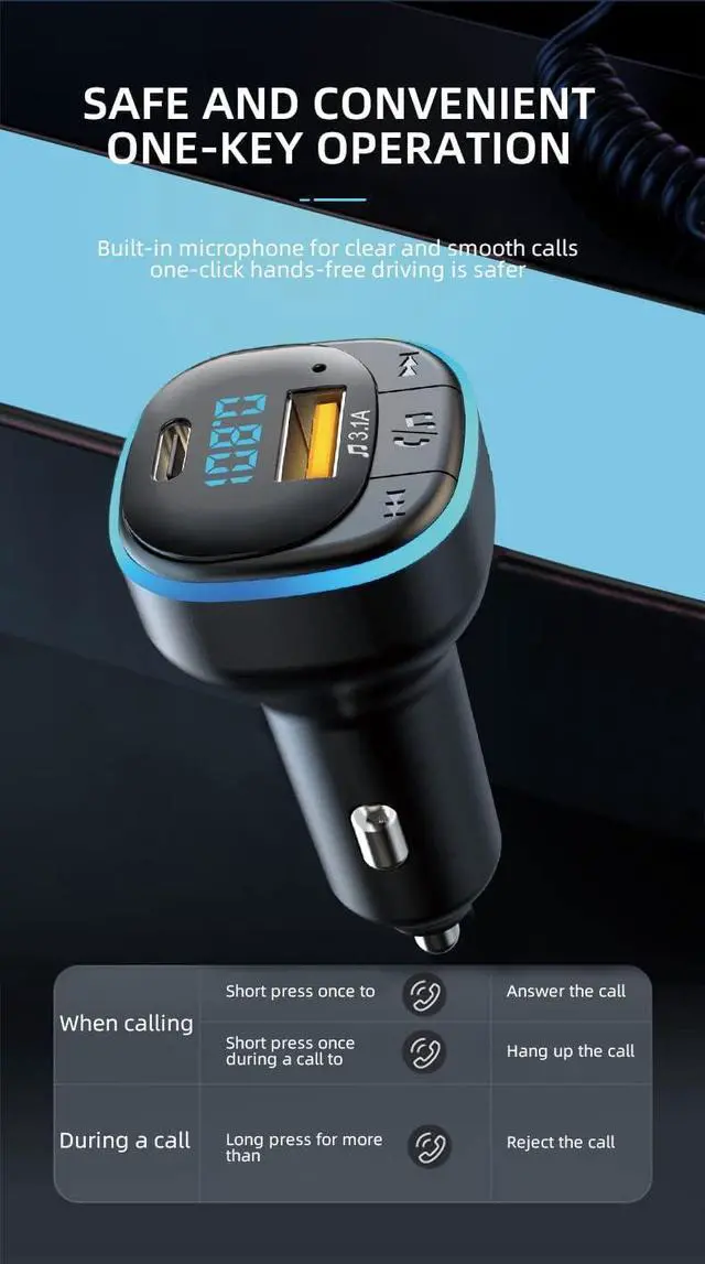 Alt view image 6 of 7 - Bluetooth 5.0 FM Transmitter for Car, Hands Free Calling, Built-in Over-Current Protection, 5V/3.1A Quick Charger & Blue Colors LED Backlit Car Radio Bluetooth Adapter, Support USB Disk