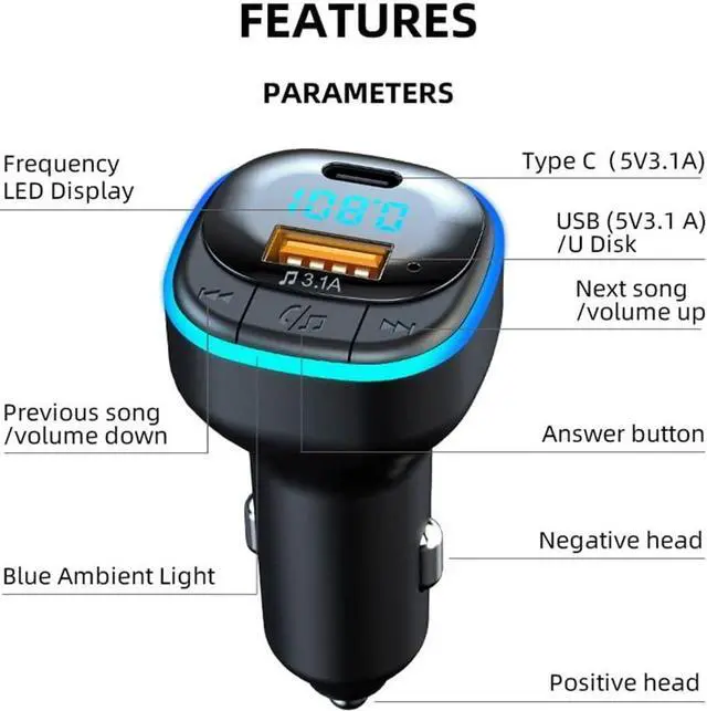 Alt view image 7 of 7 - Bluetooth 5.0 FM Transmitter for Car, Hands Free Calling, Built-in Over-Current Protection, 5V/3.1A Quick Charger & Blue Colors LED Backlit Car Radio Bluetooth Adapter, Support USB Disk