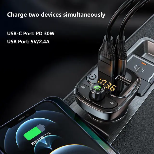 Alt view image 3 of 7 - Bluetooth 5.3 FM Transmitter Car Adapter, Wireless Radio MP3 Player Stereo Music Audio Receiver Hands Free Calling, 42W (PD 30W & 12W) USB C Car Charger for iPhone, Support TF Card & USB Disk (Black)