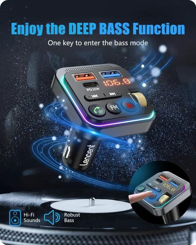 Alt view image 2 of 7 - Bluetooth 5.0 FM Transmitter for Car [PD 20W + QC 3.0] USB Charger Music Radio Adapter Wireless Microphone &HiFi Bass Sound Supports Hands-Free Siri Google Assistant