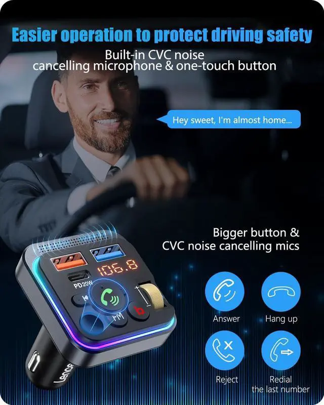 Alt view image 4 of 7 - Bluetooth 5.0 FM Transmitter for Car [PD 20W + QC 3.0] USB Charger Music Radio Adapter Wireless Microphone &HiFi Bass Sound Supports Hands-Free Siri Google Assistant