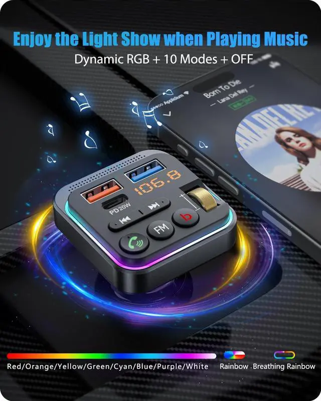 Alt view image 5 of 7 - Bluetooth 5.0 FM Transmitter for Car [PD 20W + QC 3.0] USB Charger Music Radio Adapter Wireless Microphone &HiFi Bass Sound Supports Hands-Free Siri Google Assistant