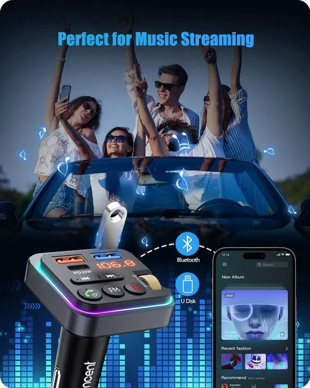 Alt view image 6 of 7 - Bluetooth 5.0 FM Transmitter for Car [PD 20W + QC 3.0] USB Charger Music Radio Adapter Wireless Microphone &HiFi Bass Sound Supports Hands-Free Siri Google Assistant