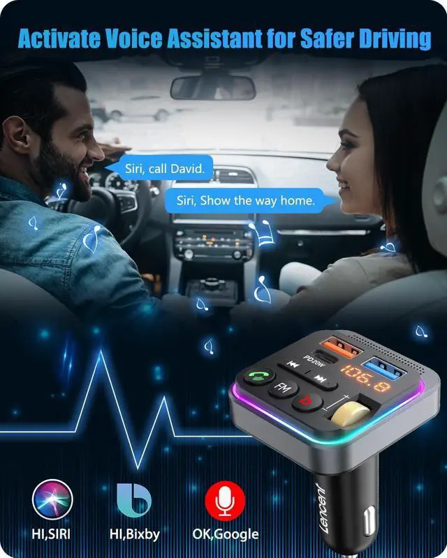 Alt view image 7 of 7 - Bluetooth 5.0 FM Transmitter for Car [PD 20W + QC 3.0] USB Charger Music Radio Adapter Wireless Microphone &HiFi Bass Sound Supports Hands-Free Siri Google Assistant