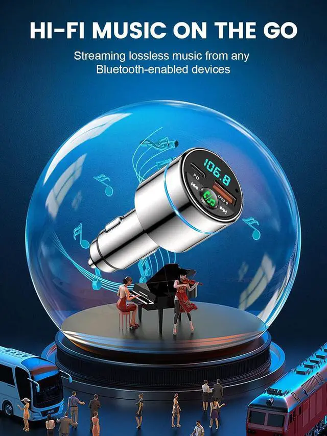 Alt view image 4 of 7 - FM Transmitter for Bluetooth 5.3, [All-Metal] PD 30W & QC3.0 18W Fast Car Charger, Wireless FM Radio Kit Bluetooth Car Adapter, Noise Cancelling Hands-Free Call, Blue Light - Silver