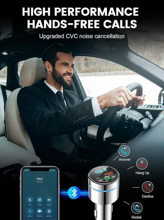 Alt view image 5 of 7 - FM Transmitter for Bluetooth 5.3, [All-Metal] PD 30W & QC3.0 18W Fast Car Charger, Wireless FM Radio Kit Bluetooth Car Adapter, Noise Cancelling Hands-Free Call, Blue Light - Silver