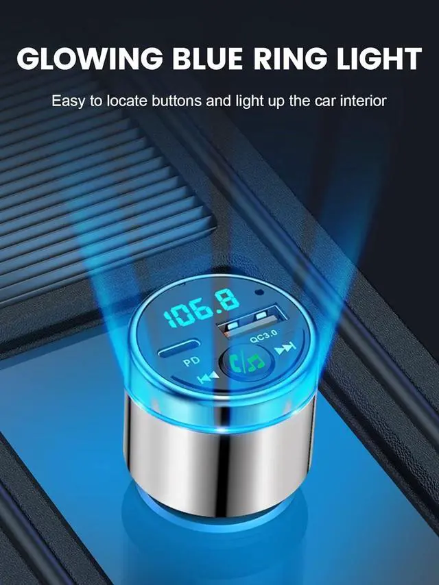 Alt view image 6 of 7 - FM Transmitter for Bluetooth 5.3, [All-Metal] PD 30W & QC3.0 18W Fast Car Charger, Wireless FM Radio Kit Bluetooth Car Adapter, Noise Cancelling Hands-Free Call, Blue Light - Silver