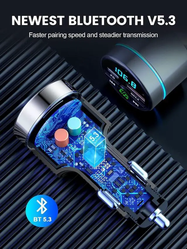 Alt view image 7 of 7 - FM Transmitter for Bluetooth 5.3, [All-Metal] PD 30W & QC3.0 18W Fast Car Charger, Wireless FM Radio Kit Bluetooth Car Adapter, Noise Cancelling Hands-Free Call, Blue Light - Silver