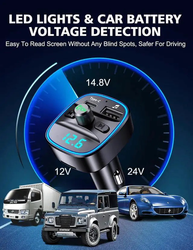 Alt view image 3 of 7 - Bluetooth V5.0 FM Transmitter for Car, Type-C PD 20W Quick Charging Bluetooth Car Adapter with Hands-Free Calling, Wireless FM Radio Receiver Music Player Kit Support SD Card & USB Disk