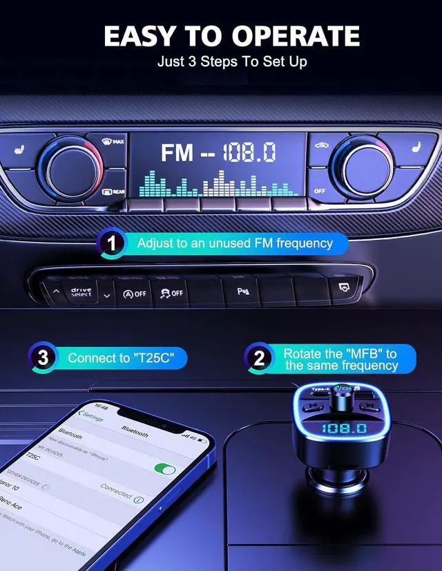Alt view image 5 of 7 - Bluetooth V5.0 FM Transmitter for Car, Type-C PD 20W Quick Charging Bluetooth Car Adapter with Hands-Free Calling, Wireless FM Radio Receiver Music Player Kit Support SD Card & USB Disk