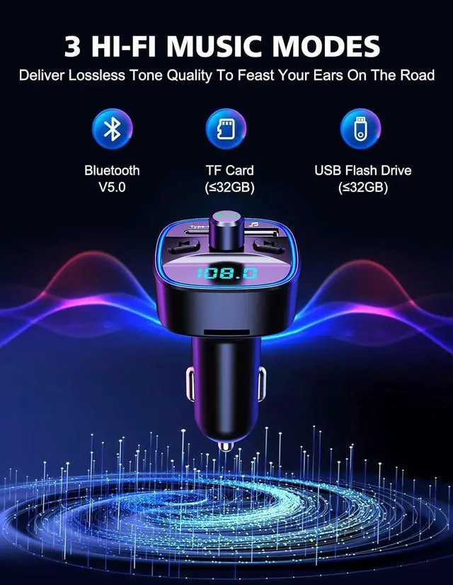 Alt view image 7 of 7 - Bluetooth V5.0 FM Transmitter for Car, Type-C PD 20W Quick Charging Bluetooth Car Adapter with Hands-Free Calling, Wireless FM Radio Receiver Music Player Kit Support SD Card & USB Disk