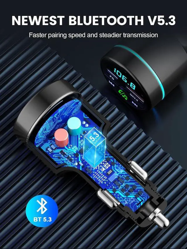 Alt view image 5 of 7 - FM Transmitter for Car Bluetooth 5.3, [All-Metal] PD 30W & QC3.0 18W Fast Car Charger, Wireless FM Radio Car Kit Bluetooth Car Adapter, Noise Cancelling Hands-Free Call, Blue Light - Black