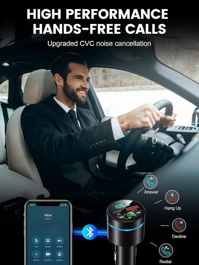 Alt view image 6 of 7 - FM Transmitter for Car Bluetooth 5.3, [All-Metal] PD 30W & QC3.0 18W Fast Car Charger, Wireless FM Radio Car Kit Bluetooth Car Adapter, Noise Cancelling Hands-Free Call, Blue Light - Black