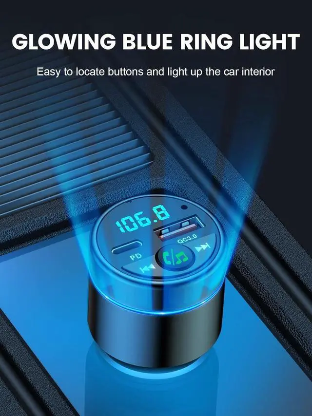 Alt view image 7 of 7 - FM Transmitter for Car Bluetooth 5.3, [All-Metal] PD 30W & QC3.0 18W Fast Car Charger, Wireless FM Radio Car Kit Bluetooth Car Adapter, Noise Cancelling Hands-Free Call, Blue Light - Black