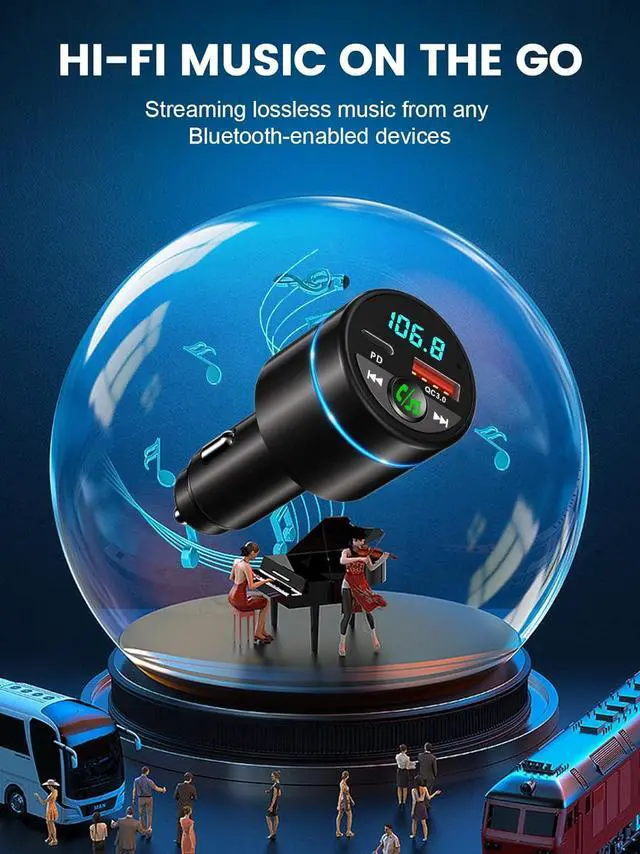 Alt view image 4 of 7 - FM Transmitter for Car Bluetooth 5.3, [All-Metal] PD 30W & QC3.0 18W Fast Car Charger, Wireless FM Radio Car Kit Bluetooth Car Adapter, Noise Cancelling Hands-Free Call, Blue Light - Black