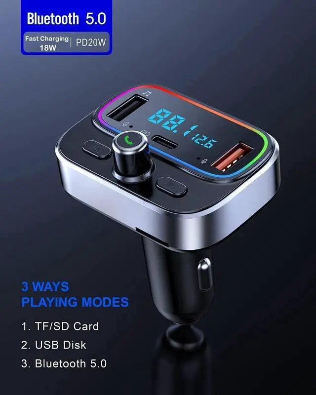 Alt view image 2 of 7 - Bluetooth FM Transmitter for Car Wireless Radio Adapter Kit, Hands-Free Calling Dual Microphone, Fast Charging 18W & PD 20W for All Smartphones Audio Players, Supports TF/SD Card and USB Disk