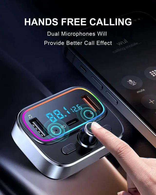Alt view image 4 of 7 - Bluetooth FM Transmitter for Car Wireless Radio Adapter Kit, Hands-Free Calling Dual Microphone, Fast Charging 18W & PD 20W for All Smartphones Audio Players, Supports TF/SD Card and USB Disk