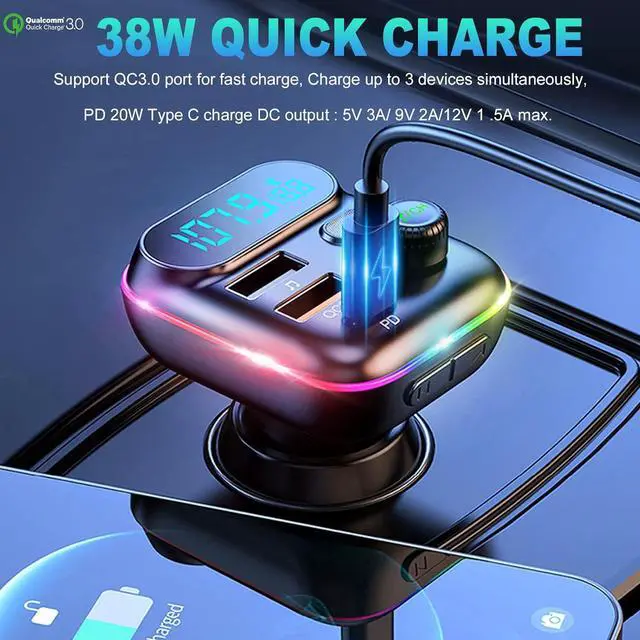 Alt view image 2 of 7 - VR robot Upgraded Bluetooth FM Transmitter for Car, Wireless Bluetooth 5.0 FM Car Adapter with Dual USB Ports,Support 20W PD+QC3.0 Fast Charger, Stronger Microphone,7 Colors LED Backlit