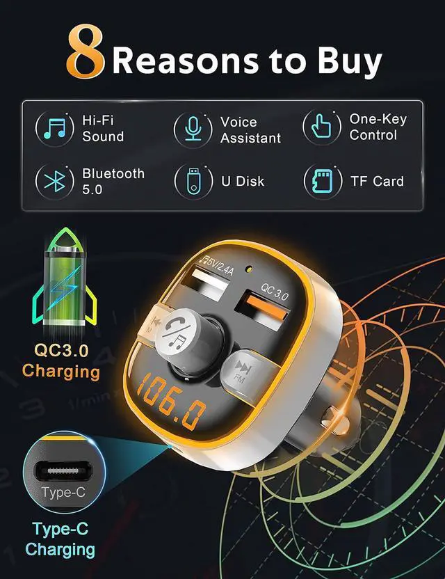 Alt view image 2 of 6 - Arsvita Bluetooth FM Transmitter for Car, Radio Receiver/Audio Adapter with Type-C PD Charger, Support QC3.0 Quick Charging, Hands-Free Calling and Hi-Fi Sound Playback, Silver
