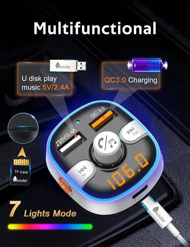 Alt view image 3 of 6 - Arsvita Bluetooth FM Transmitter for Car, Radio Receiver/Audio Adapter with Type-C PD Charger, Support QC3.0 Quick Charging, Hands-Free Calling and Hi-Fi Sound Playback, Silver