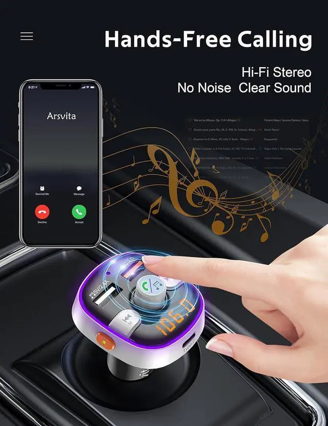 Alt view image 5 of 6 - Arsvita Bluetooth FM Transmitter for Car, Radio Receiver/Audio Adapter with Type-C PD Charger, Support QC3.0 Quick Charging, Hands-Free Calling and Hi-Fi Sound Playback, Silver