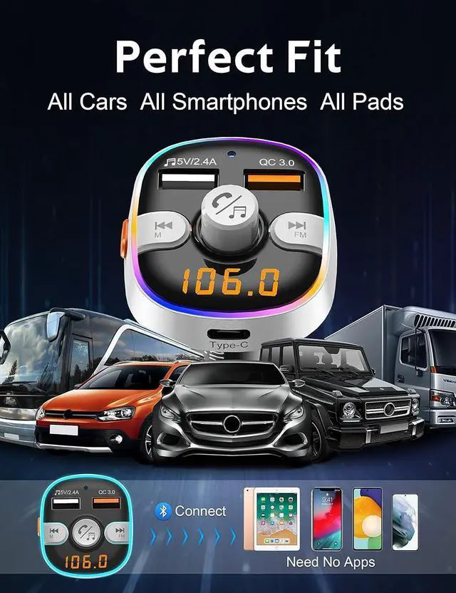 Alt view image 6 of 6 - Arsvita Bluetooth FM Transmitter for Car, Radio Receiver/Audio Adapter with Type-C PD Charger, Support QC3.0 Quick Charging, Hands-Free Calling and Hi-Fi Sound Playback, Silver