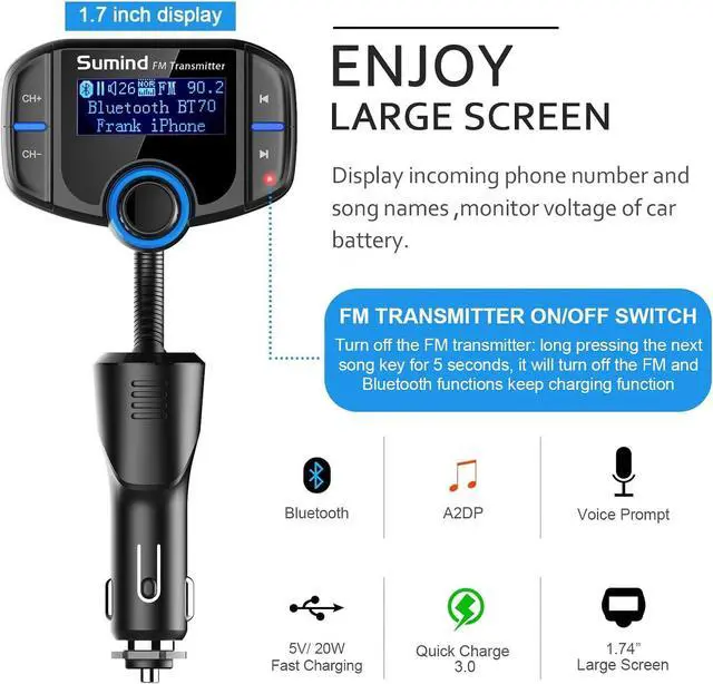 Alt view image 3 of 7 - Upgraded Bluetooth FM Transmitter, Wireless Radio Adapter Hands Free Car Kit with 1.7'' Display, QC3.0 and Smart 2.4Amp Dual USB Ports, AUX Input/Output, TF Card Mp3 Player (PD, Black)